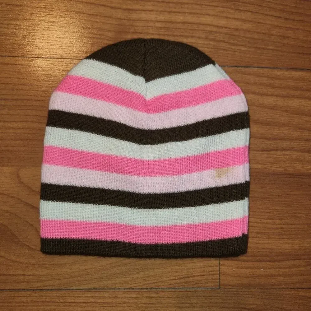 Faded Glory Girls Pink & Brown Stripped Hat Beanie Stocking Trapper Hat